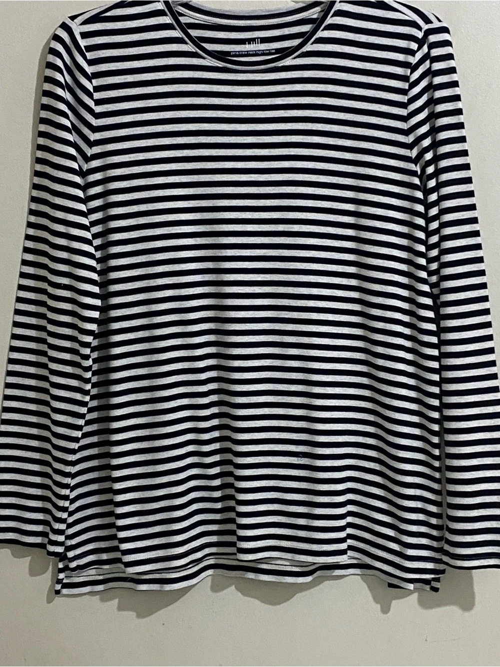 J. Jill Pima Crew-Neck High-Low Tee Striped Long Sleeve in Black & White Size M
